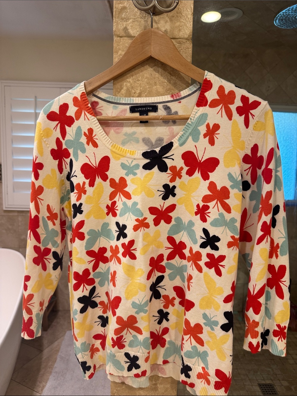 Lands' End Cream Sweater with Pastel Pink, Blue and Black Accents